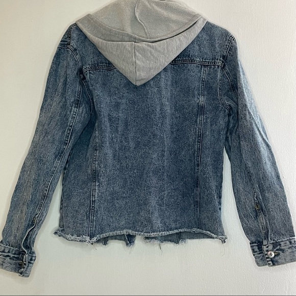 ACID WASHED DENIM JACKET DOUBLE LAYERED GREY HOOD - Picture 3 of 4